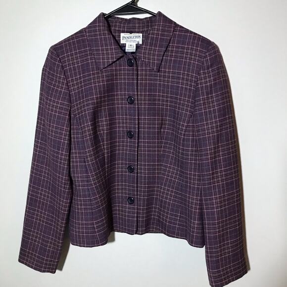 Pendleton virgin wool purple plaid womens 6 cropped full button blazer academia - Picture 1 of 9